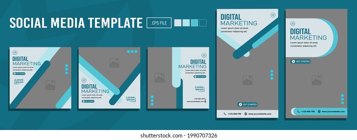 Set of Social Media Post Template Editable, for story and feed. color flat Blue