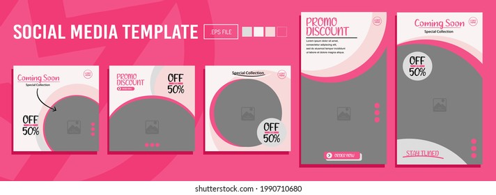 Set of Social Media Post Template Editable, for story and feed. color flat  pink