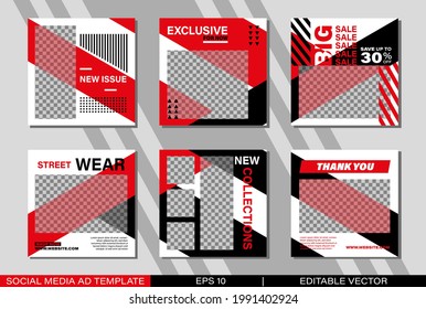 Set of the social media post template with red, white, and black color. Suitable for social media posts and web internet ads. Vector illustration with photo collage
