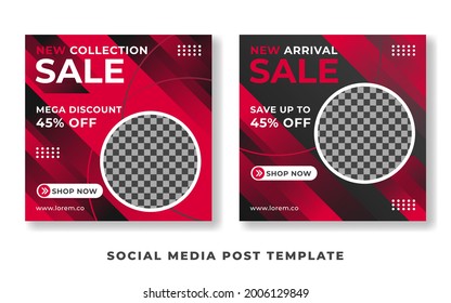 Conjunto de banner de promoción de venta de plantillas de publicación de medios sociales con collage de fotos. El fondo geométrico negro y rojo es moderno.