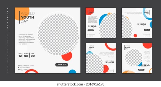 Set of social media post template. Social media template with circle mockup and white background for World Youth day design. Good template for online advertising design.