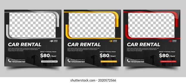 Set of Social media post template design for car rentals. Modern square banner with silver, yellow, and red frame color.