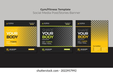 Set of social media post template design for gym fitness
