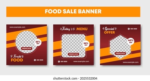 Set of social media post template design for food promotion square banner with photo collage. red, yellow, orange background layout for social network post and web internet ads. Vector illustration