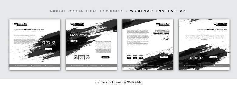 Set of social media post template. Social media template with grunge on black and white design. Webinar Invitation Design. Good template for online advertisement.
