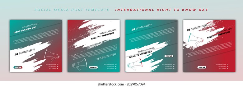 Set of social media post template with red and green design. International Right to know day with megaphone design. Good template for online advertising design.