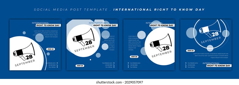 Set of social media post template with blue and white design. International Right to know day with megaphone design. Good template for online advertising design.