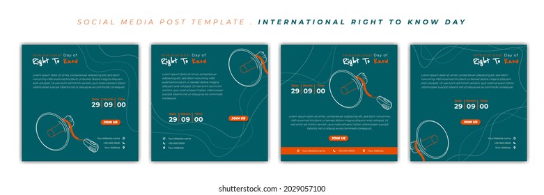 Set of social media post template with green and orange design. International Right to know day with megaphone design. Good template for online advertising design.
