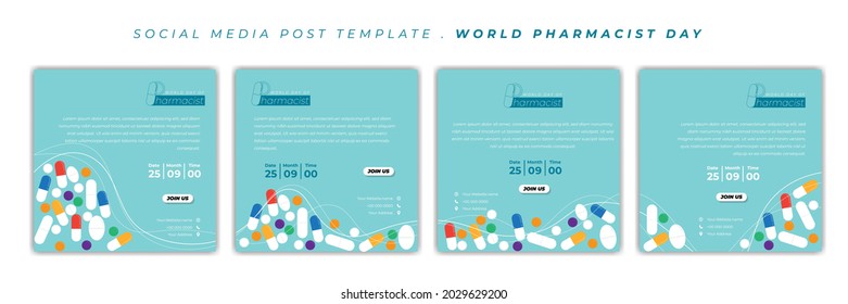 Conjunto de plantillas de publicación de medios sociales con diseño de fondo de drogas. Diseño del Día Mundial de la Farmacéutica. Buena plantilla para el diseño de anuncios en línea.