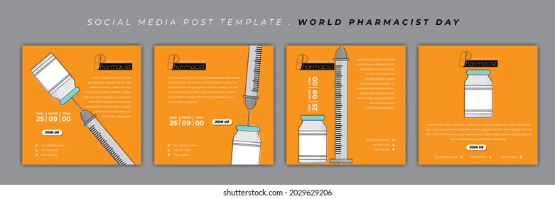 Set of social media post template with syringe and vaccine bottle design. World Pharmacist Day design. Good template for online advertisement design.