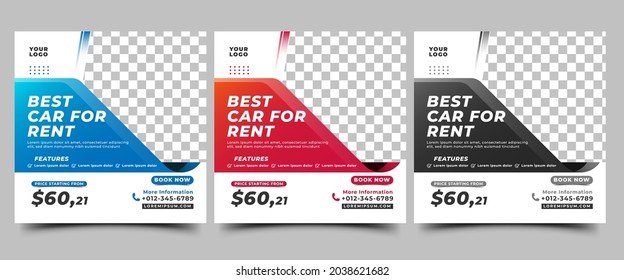 Set of Social media post template for car rental or transportation services. Modern banner design with blue, red, and black color backgrounds. Promotional banners with a place for the photo.