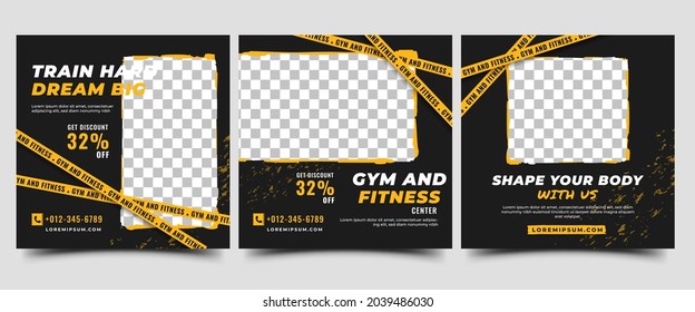 Set of Social media post template design. Black background with yellow cross line shape. Usable for gym, fitness, sports, workout, and others. Vector design with place for the photo.