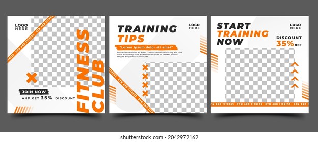 Set of Social media post template design for gym, fitness, workout, and sports. White background color with orange shape and place for the photo. Editable vector isolated.