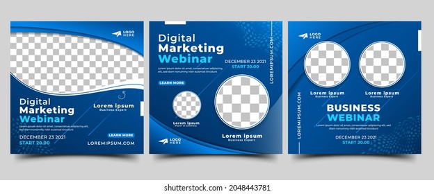 Conjunto de plantillas de publicación de medios sociales para un seminario web de negocios. Banner de promoción moderno editable con color azul gradiente, elemento de forma abstracta y lugar para la foto.