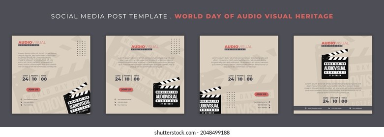 Set of Social media post template with movie clapper design. World day of Audio visual heritage template design. good template for web banner design.