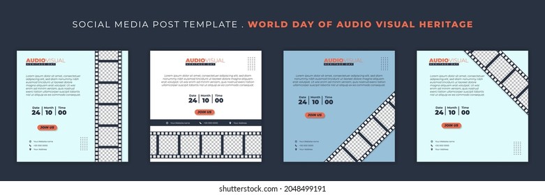 Set of Social media post template with flat film roll design. World day of Audio visual heritage template design. good template for web banner design.