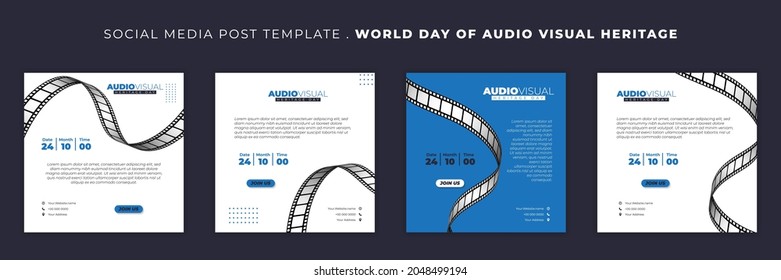 Set of Social media post template with flying film roll design. World day of Audio visual heritage template design. good template for web banner design.