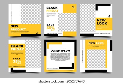 Set of Social media post template design. Modern square banner with black and yellow shape and place for the photo. Usable for social media post, flyers, banners, and web ads.