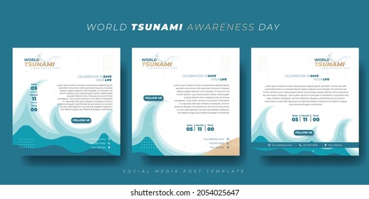 Set of social media post template with tsunami waves design on white background. World Tsunami Awareness Day template design. Good template for online advertisement design.