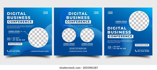 Set Of Social Media Post Template Design For Webinar Promotion Event. Editable Modern Banner With Blue Color And Place For The Photo. Usable For Social Media, Banner, And Web.