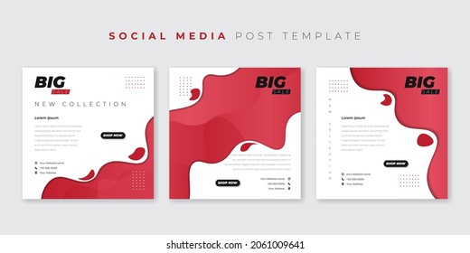 Set Of Social Media Post Template With Simple Red Paper Cut On White Background Design. Good Template For Internet Advertisement Design.