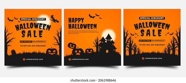 Set of Social media post template design for Halloween. Usable for social media post, banner, cards, and website.