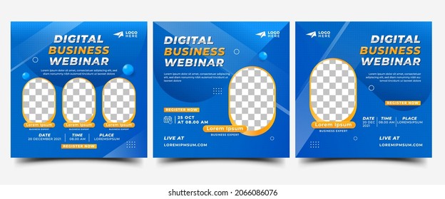 Set von Social Media Post Template Design für Webinar Veranstaltung. Modernes quadratisches Banner mit Platz für das Foto. Für Social-Media-Post, Banner und Website geeignet.
