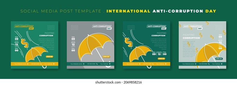 Set of social media post template with umbrella design. International Anti Corruption Day template design. Good template for online advertisement design.