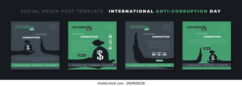 Set of social media post template with hand giving dollar bag and hand stop design. International Anti Corruption Day template design. Good template for online advertisement design. svg