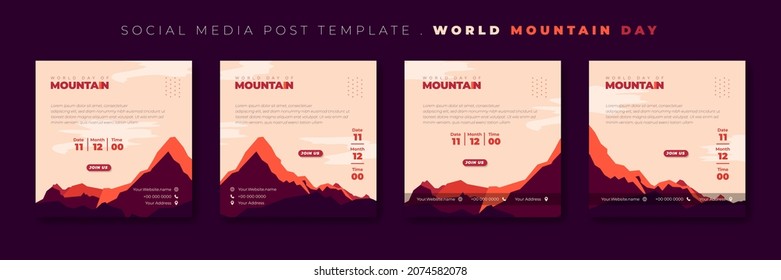 Set of social media post template with purple mountain landscape design. International mountain day template design. Good template for online campaign design.