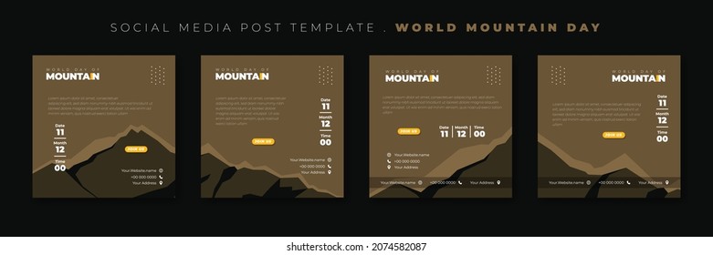Set of social media post template with brown mountain landscape design. International mountain day template design. Good template for online campaign design.