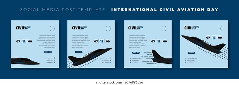 Set of social media post template with flying black airplane vector illustration. International civil aviation day template design. Also good template for airplane design.