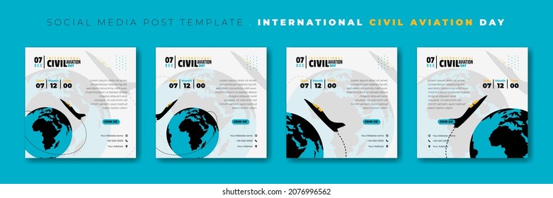 Set von Social Media-Post-Vorlage mit Flugzeug um die Erde Design. Internationales Template für den Tag der Zivilluftfahrt. Auch gute Vorlage für Flugzeugdesign.