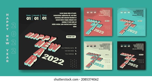 Set of social media post template with retro typography of happy new year design. Happy new year 2022 template design. also good template for web banner design.