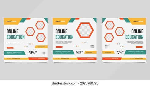 Conjunto de plantillas de publicación de medios sociales con fondo geométrico y marco hexágono para educación en línea