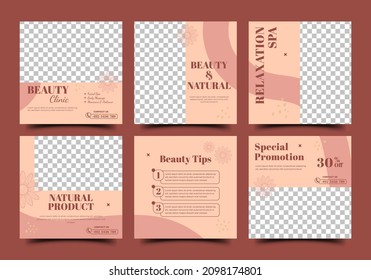 Conjunto de plantillas de publicaciones en medios sociales para spa, salón, masaje y promoción de belleza. Banner cuadrado moderno y editable con sitio para la foto.
