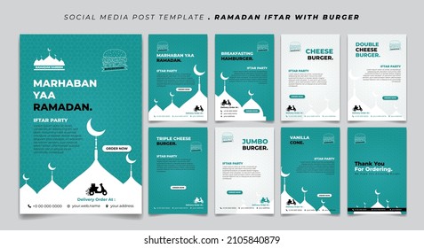 Set social media post template with white silhouette mosque design. Iftar mean is breakfasting and marhaban mean is welcome. social media template with islamic background design.