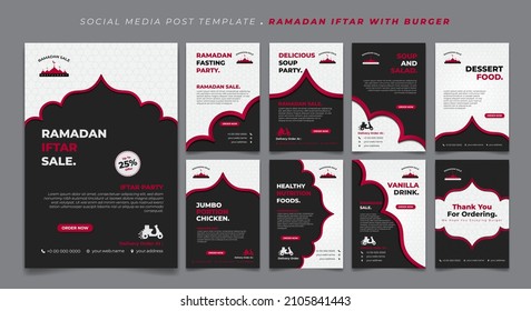 Set social media post template in Black and white with red line islamic background design. Iftar mean is breakfasting and marhaban mean is welcome. social media template with islamic background design