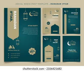 Set social media post template in Green and brown islamic background design. Iftar mean is breakfasting and marhaban mean is welcome. social media template with islamic background design