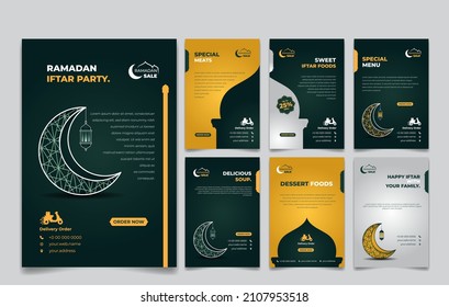 Set of social media post template in green, yellow and white background with moon and lantern design. Iftar mean is breakfasting. social media template with islamic background design