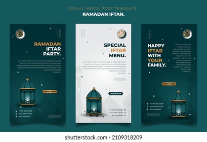Set of social media post template in green, white and gold with lantern design. portrait background design. Iftar mean is breakfasting. social media template with islamic background design