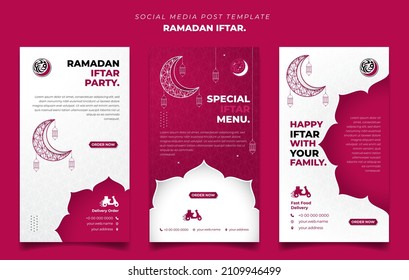 Set of social media post template in pink and white with moon and lantern design. Iftar mean is breakfasting and arabic text mean is ramadan. social media template with islamic background design