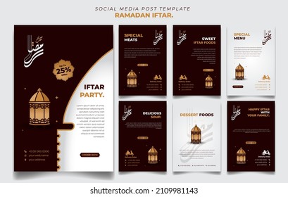 Set of social media post template in Red, white and gold background with lantern design. Iftar mean is breakfasting and arabic text mean is ramadan. islamic social media template in portrait design