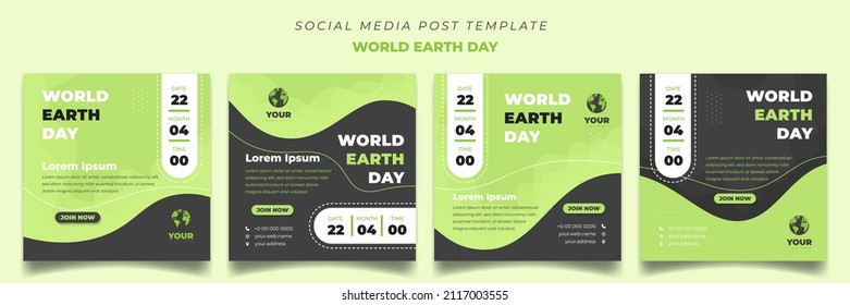 Set of social media post template design in square background. World earth Day template with green background. Good template for online advertising design.