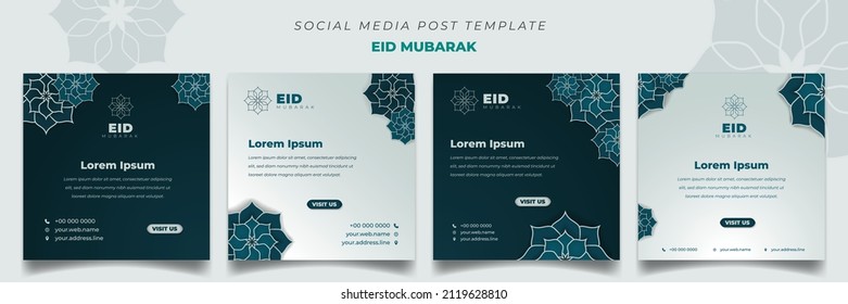 Set of social media post template in square background with simple ornament design for Eid Mubarak. Good template for islamic celebration design.