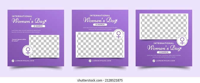 Plantilla de publicación en redes sociales para el Día Internacional de la Mujer. Banner cuadrado editable con sitio para la foto. Se puede usar para publicaciones en medios sociales, tarjetas, banners y anuncios web.