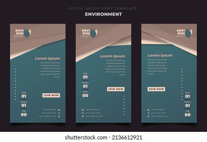 Set of social media post template for environment day in green and brown geometric background