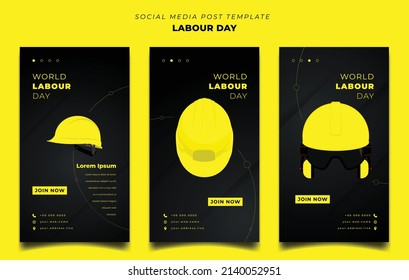 Conjunto de plantillas de publicación en medios sociales con fondo geométrico amarillo negro para el diseño del día laboral