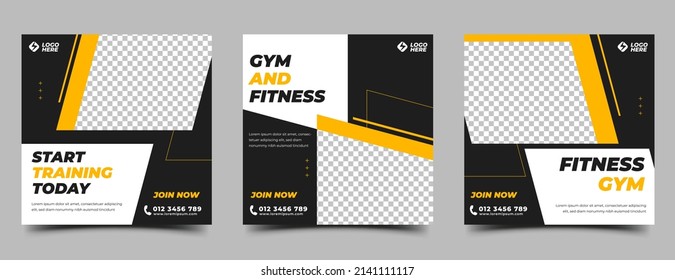Set of Social media post template for gym, fitness, and workout promotion.