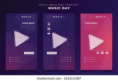 Set of social media post template with purple gradient design for music day in portrait background